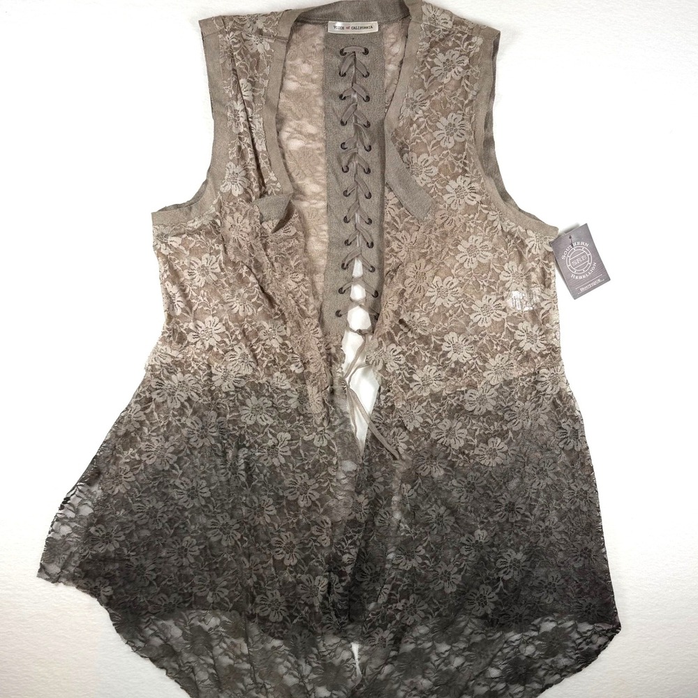 Coastal Cowgirl Voice of California Ombre Floral Lace Vest Brown Corset Back M
